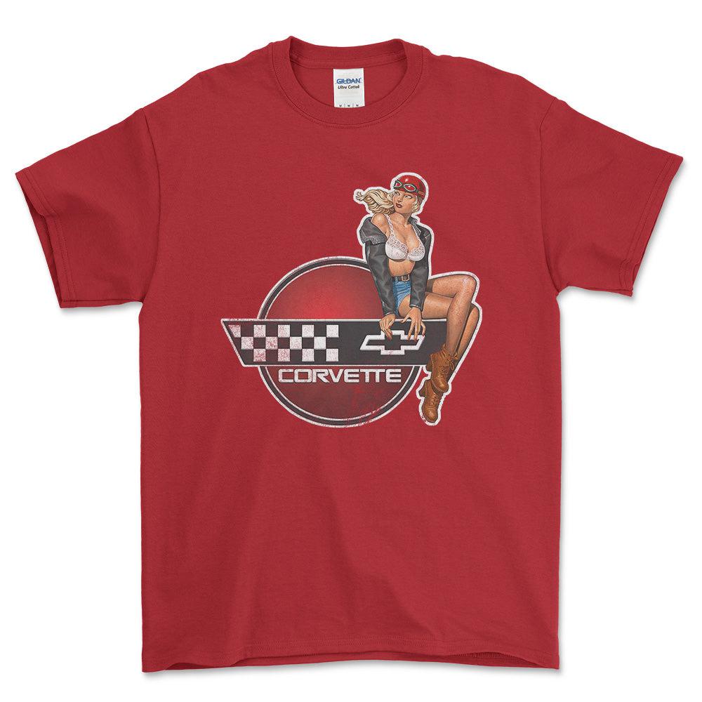 Chevrolet Corvette Pinup - Unisex T-Shirt , Bomuld-Beklædning-Chevrolet-Rød-S-Forside-Garage Culture Shop- garage - man cave - merchandise