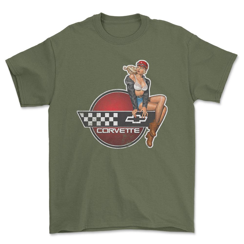 Chevrolet Corvette Pinup - Unisex T-Shirt , Bomuld-Beklædning-Chevrolet-Grøn Militær-S-Forside-Garage Culture Shop- garage - man cave - merchandise