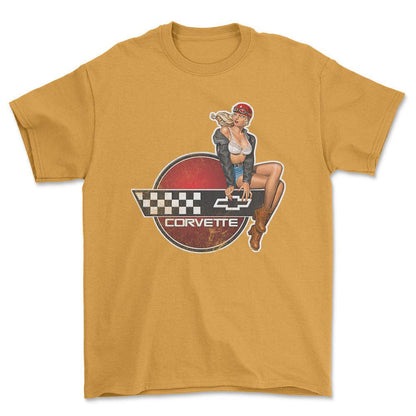 Chevrolet Corvette Pinup - Unisex T-Shirt , Bomuld-Beklædning-Chevrolet-Guld-S-Forside-Garage Culture Shop- garage - man cave - merchandise