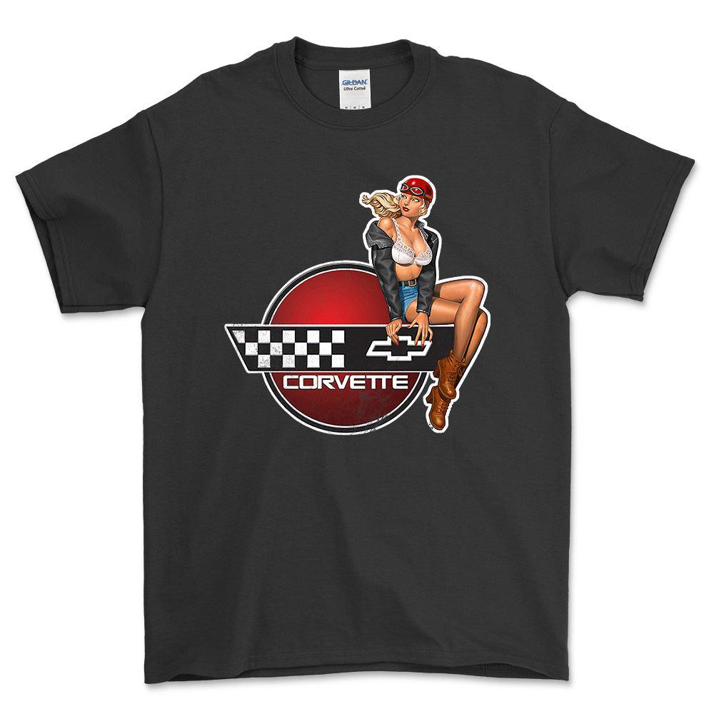 Chevrolet Corvette Pinup - Unisex T-Shirt , Bomuld-Beklædning-Chevrolet-Sort-S-Forside-Garage Culture Shop- garage - man cave - merchandise