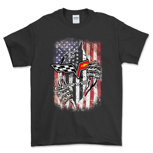 Chevrolet Corvette US Flag Unisex T-Shirt , Bomuld-Beklædning-Chevrolet-Sort-S-Forside-Garage Culture Shop- garage - man cave - merchandise