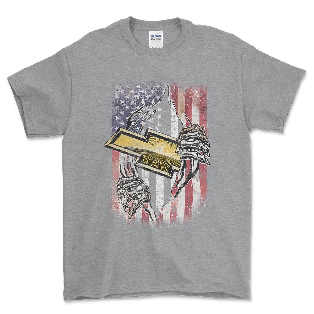 Chevrolet US Flag Unisex T-Shirt , Bomuld-Beklædning-Chevrolet-Grå Sport-S-Forside-Garage Culture Shop- garage - man cave - merchandise