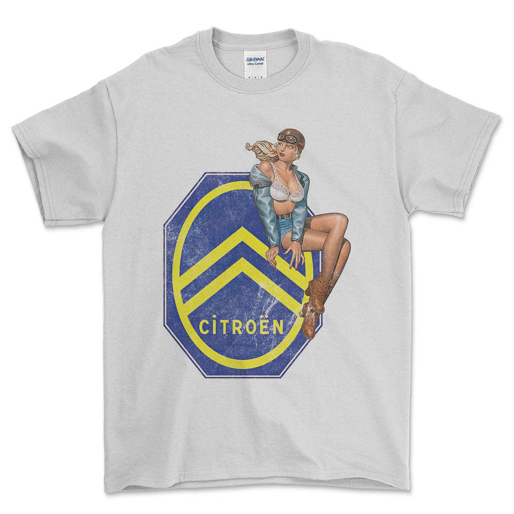 Citroen Pinup - Unisex T-Shirt , Bomuld-Beklædning-Citroen-Hvid-S-Forside-Garage Culture Shop- garage - man cave - merchandise