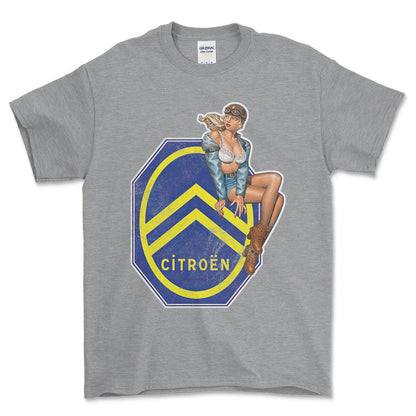 Citroen Pinup - Unisex T-Shirt , Bomuld-Beklædning-Citroen-Grå Sport-S-Forside-Garage Culture Shop- garage - man cave - merchandise