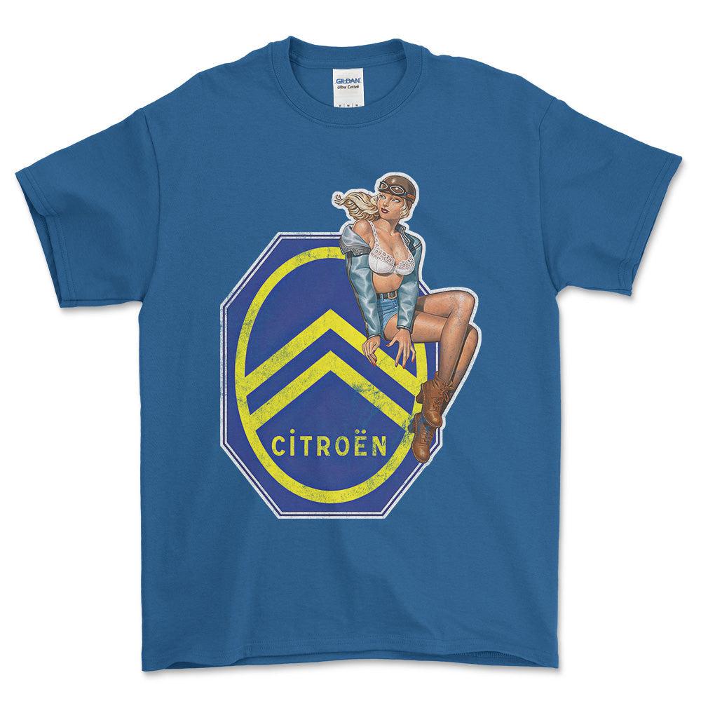 Citroen Pinup - Unisex T-Shirt , Bomuld-Beklædning-Citroen-Blå Royal-S-Forside-Garage Culture Shop- garage - man cave - merchandise