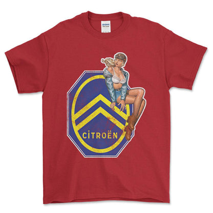 Citroen Pinup - Unisex T-Shirt , Bomuld-Beklædning-Citroen-Rød-S-Forside-Garage Culture Shop- garage - man cave - merchandise