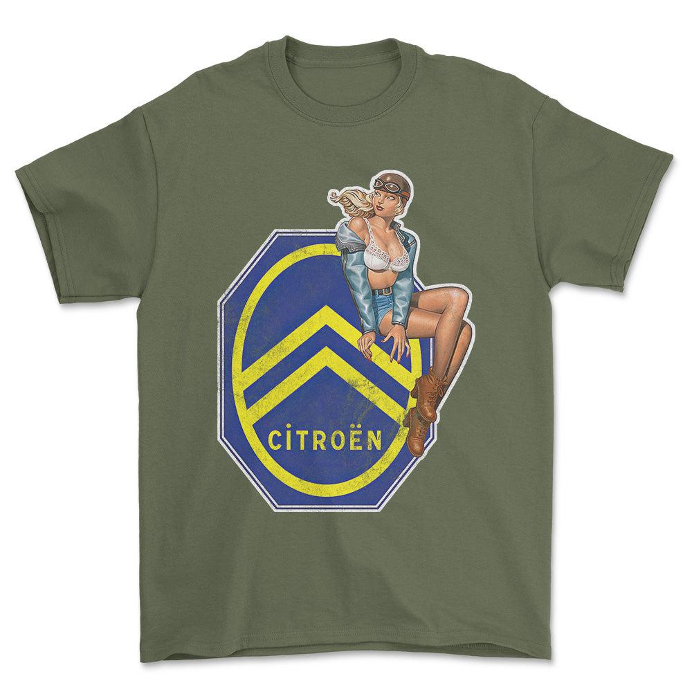 Citroen Pinup - Unisex T-Shirt , Bomuld-Beklædning-Citroen-Grøn Militær-S-Forside-Garage Culture Shop- garage - man cave - merchandise