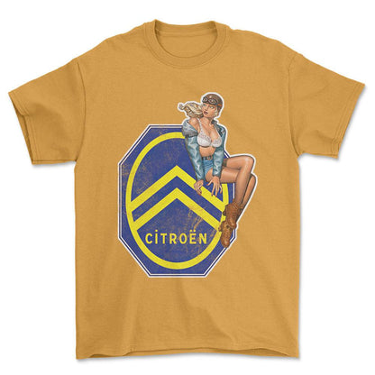 Citroen Pinup - Unisex T-Shirt , Bomuld-Beklædning-Citroen-Guld-S-Forside-Garage Culture Shop- garage - man cave - merchandise