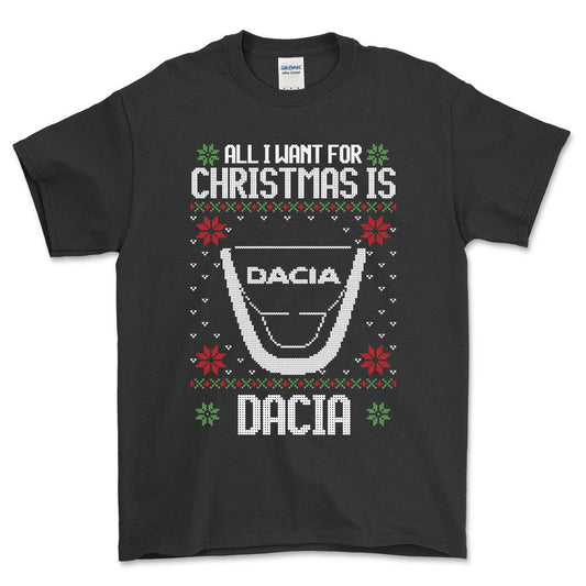 Dacia - All I Want For Christmas - Unisex T-Shirt , Bomuld-Beklædning-Dacia-Sort-S-Forside-Garage Culture Shop- garage - man cave - merchandise