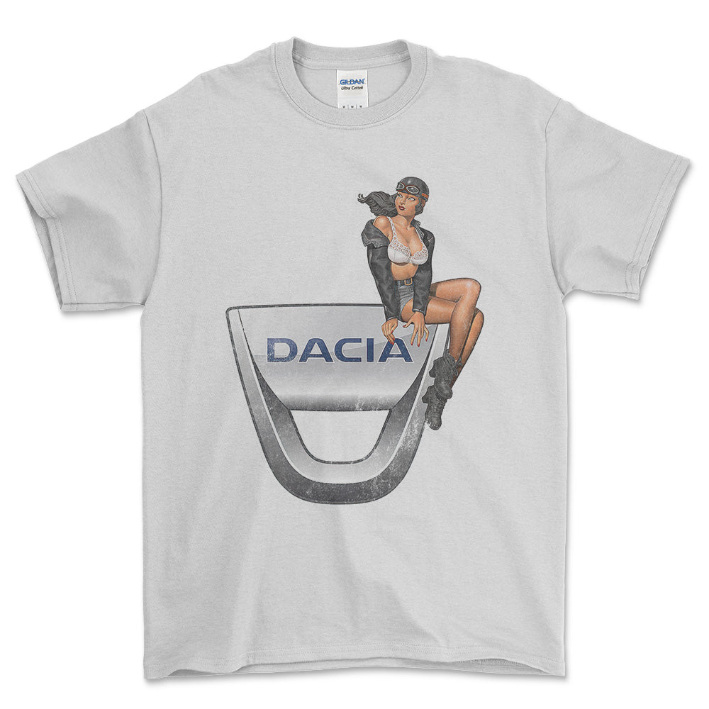 Dacia Pinup - Unisex T-Shirt , Bomuld-Beklædning-Dacia-Hvid-S-Forside-Garage Culture Shop- garage - man cave - merchandise