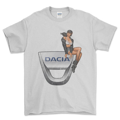 Dacia Pinup - Unisex T-Shirt , Bomuld-Beklædning-Dacia-Hvid-S-Forside-Garage Culture Shop- garage - man cave - merchandise