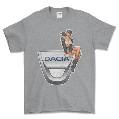 Dacia Pinup - Unisex T-Shirt , Bomuld-Beklædning-Dacia-Grå Sport-S-Forside-Garage Culture Shop- garage - man cave - merchandise