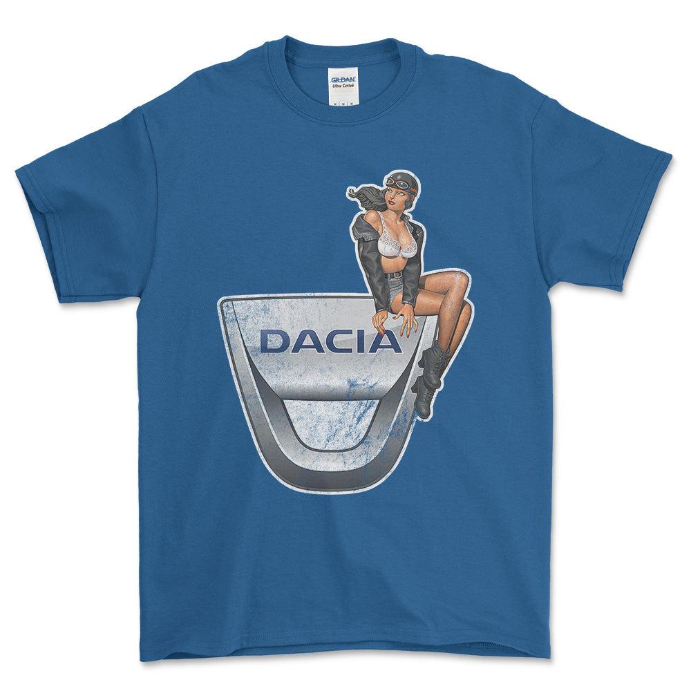 Dacia Pinup - Unisex T-Shirt , Bomuld-Beklædning-Dacia-Blå Royal-S-Forside-Garage Culture Shop- garage - man cave - merchandise