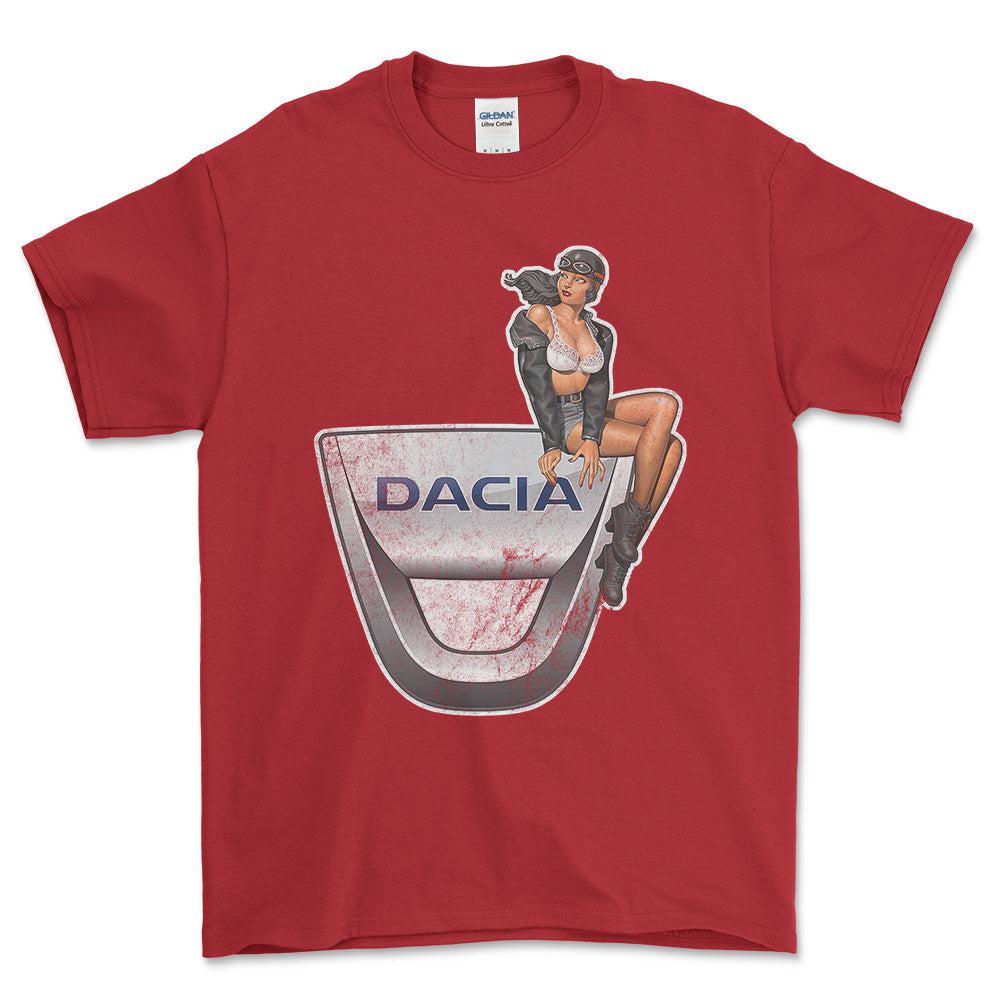 Dacia Pinup - Unisex T-Shirt , Bomuld-Beklædning-Dacia-Rød-S-Forside-Garage Culture Shop- garage - man cave - merchandise