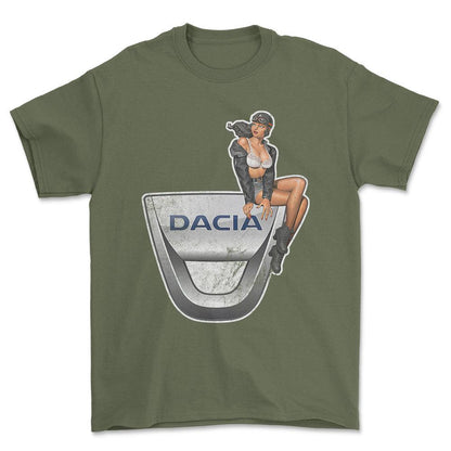 Dacia Pinup - Unisex T-Shirt , Bomuld-Beklædning-Dacia-Grøn Militær-S-Forside-Garage Culture Shop- garage - man cave - merchandise