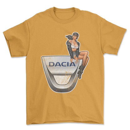 Dacia Pinup - Unisex T-Shirt , Bomuld-Beklædning-Dacia-Guld-S-Forside-Garage Culture Shop- garage - man cave - merchandise