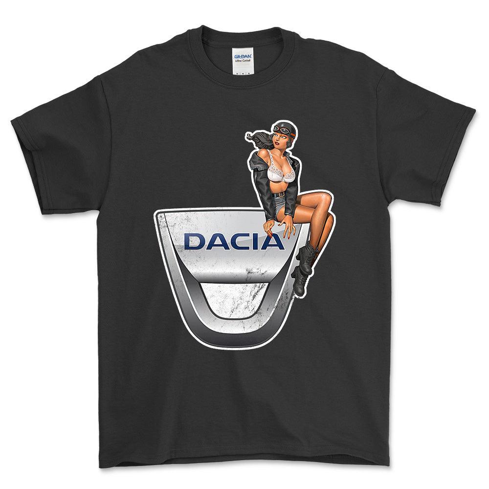 Dacia Pinup - Unisex T-Shirt , Bomuld-Beklædning-Dacia-Sort-S-Forside-Garage Culture Shop- garage - man cave - merchandise