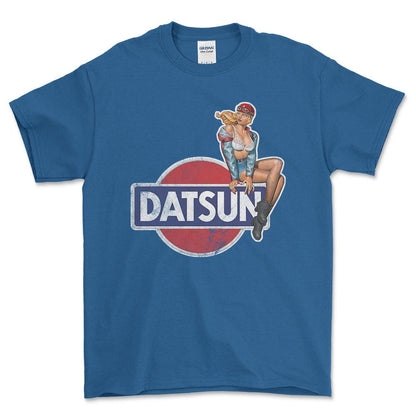 Datsun Pinup - Unisex T-Shirt , Bomuld-Beklædning-Datsun-Blå Royal-S-Forside-Garage Culture Shop- garage - man cave - merchandise