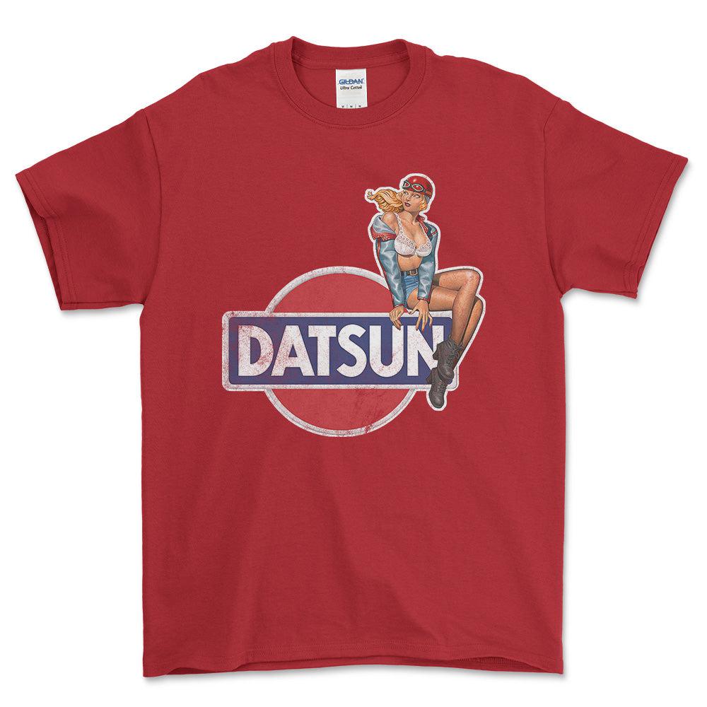 Datsun Pinup - Unisex T-Shirt , Bomuld-Beklædning-Datsun-Rød-S-Forside-Garage Culture Shop- garage - man cave - merchandise