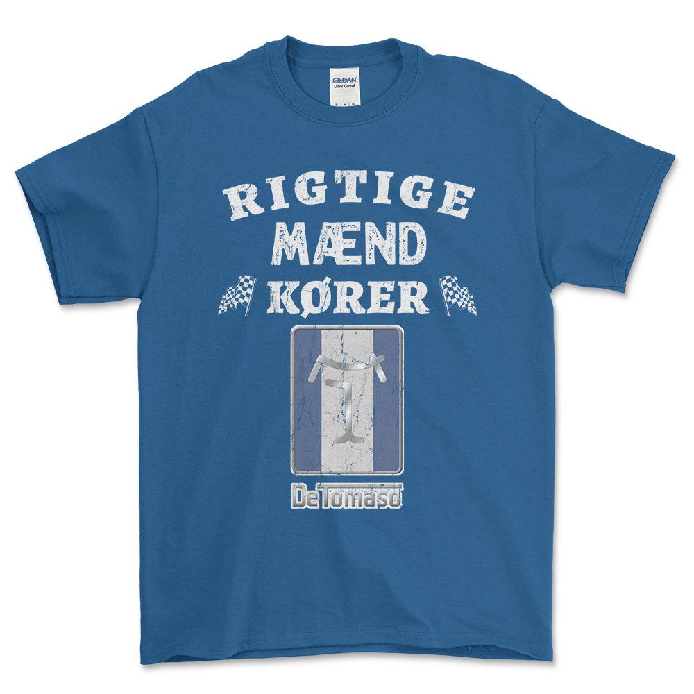 De Tomaso Rigtige Mænd Kører - Unisex T-Shirt , Bomuld-Beklædning-De Tomaso-Blå Royal-S-Forside-Garage Culture Shop- garage - man cave - merchandise