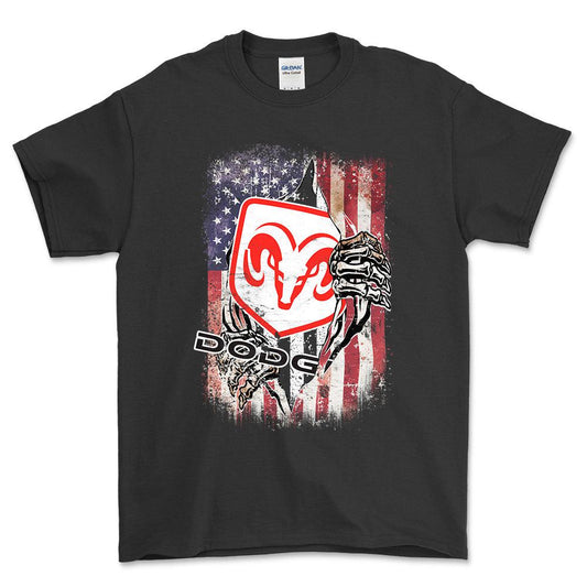 Dodge US Flag Unisex T-Shirt , Bomuld-Beklædning-Dodge-Sort-S-Forside-Garage Culture Shop- garage - man cave - merchandise