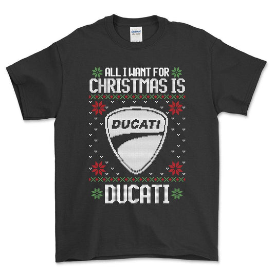 Ducati - All I Want For Christmas - Unisex T-Shirt , Bomuld-Beklædning-Ducati-Sort-S-Forside-Garage Culture Shop- garage - man cave - merchandise