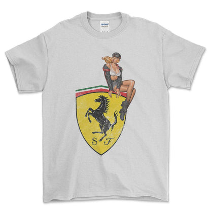 Ferrari Pinup - Unisex T-Shirt , Bomuld-Beklædning-Ferrari-Hvid-S-Forside-Garage Culture Shop- garage - man cave - merchandise