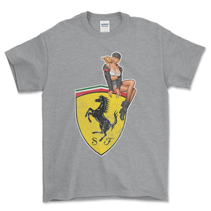 Ferrari Pinup - Unisex T-Shirt , Bomuld-Beklædning-Ferrari-Grå Sport-S-Forside-Garage Culture Shop- garage - man cave - merchandise