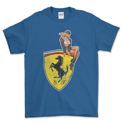 Ferrari Pinup - Unisex T-Shirt , Bomuld-Beklædning-Ferrari-Blå Royal-S-Forside-Garage Culture Shop- garage - man cave - merchandise