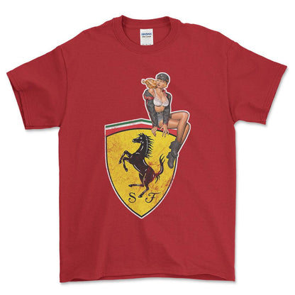 Ferrari Pinup - Unisex T-Shirt , Bomuld-Beklædning-Ferrari-Rød-S-Forside-Garage Culture Shop- garage - man cave - merchandise