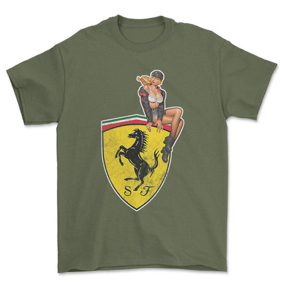 Ferrari Pinup - Unisex T-Shirt , Bomuld-Beklædning-Ferrari-Grøn Militær-S-Forside-Garage Culture Shop- garage - man cave - merchandise