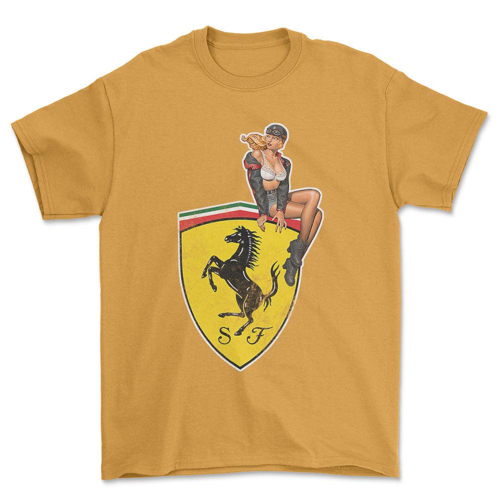 Ferrari Pinup - Unisex T-Shirt , Bomuld-Beklædning-Ferrari-Guld-S-Forside-Garage Culture Shop- garage - man cave - merchandise