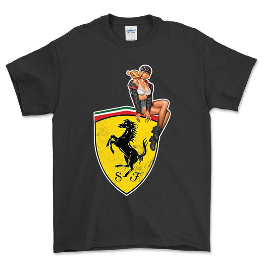 Ferrari Pinup - Unisex T-Shirt , Bomuld-Beklædning-Ferrari-Sort-S-Forside-Garage Culture Shop- garage - man cave - merchandise