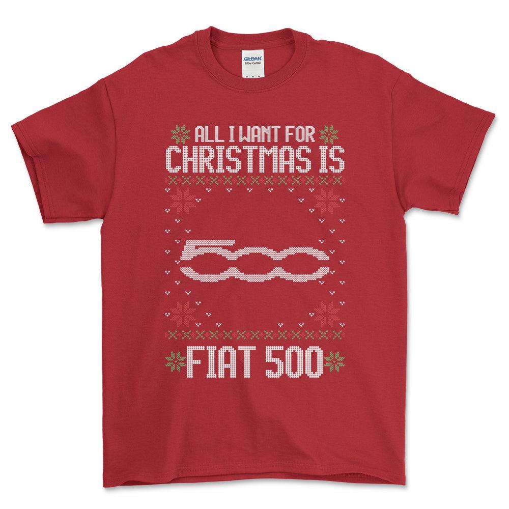 Fiat 500 - All I Want For Christmas - Unisex T-Shirt , Bomuld-Beklædning-Fiat-Rød-S-Forside-Garage Culture Shop- garage - man cave - merchandise