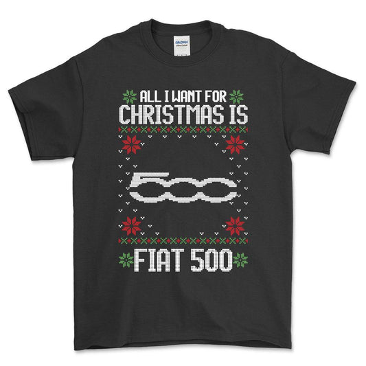 Fiat 500 - All I Want For Christmas - Unisex T-Shirt , Bomuld-Beklædning-Fiat-Sort-S-Forside-Garage Culture Shop- garage - man cave - merchandise