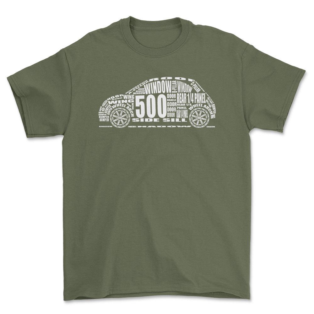 Fiat 500 Unisex Unisex T-Shirt , Bomuld-Beklædning-Fiat-Grøn Militær-S-Forside-Garage Culture Shop- garage - man cave - merchandise