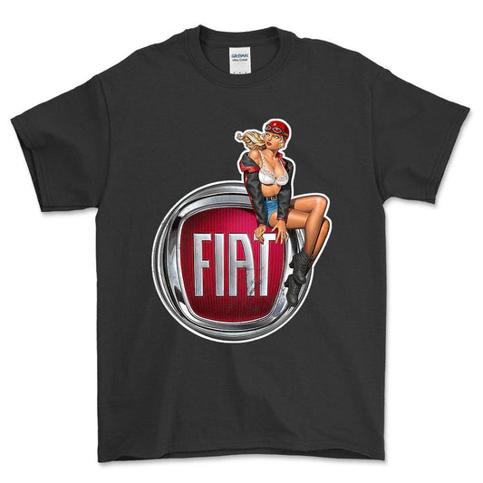 Fiat Pinup - Unisex T-Shirt , Bomuld-Beklædning-Fiat-Sort-S-Forside-Garage Culture Shop- garage - man cave - merchandise