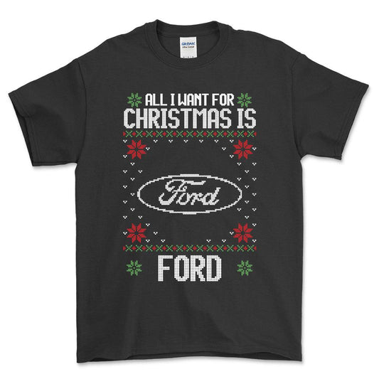 Ford - All I Want For Christmas - Unisex T-Shirt , Bomuld-Beklædning-Ford-Sort-S-Forside-Garage Culture Shop- garage - man cave - merchandise