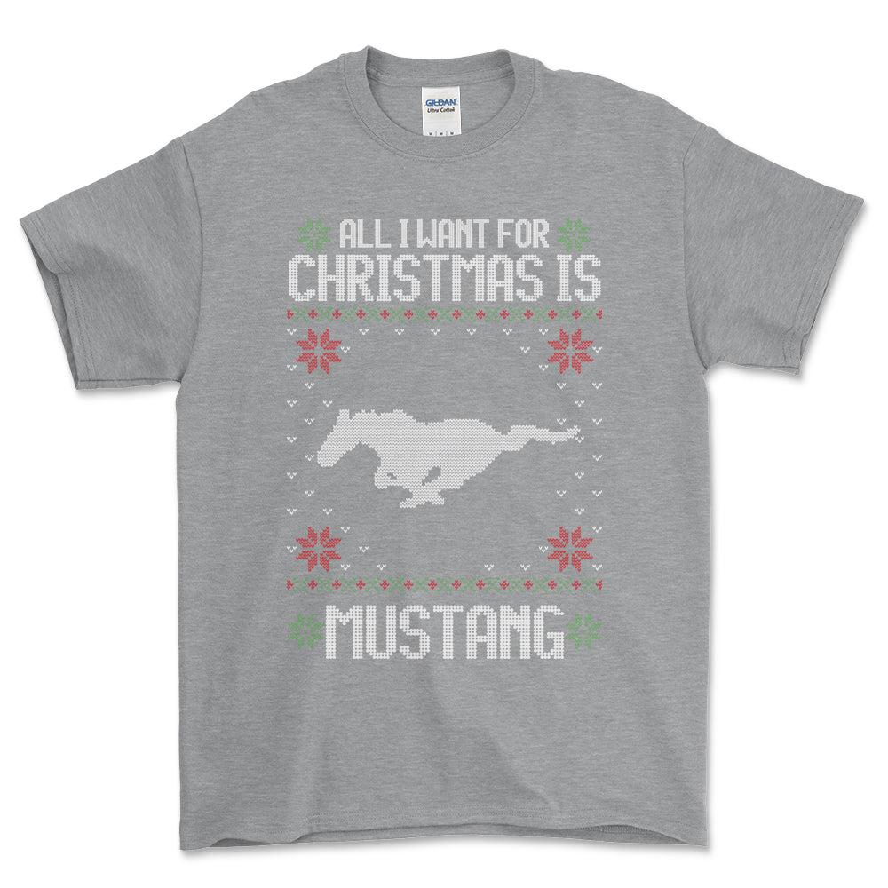 Ford Mustang - All I Want For Christmas - Unisex T-Shirt , Bomuld-Beklædning-Ford-Grå Sport-S-Forside-Garage Culture Shop- garage - man cave - merchandise