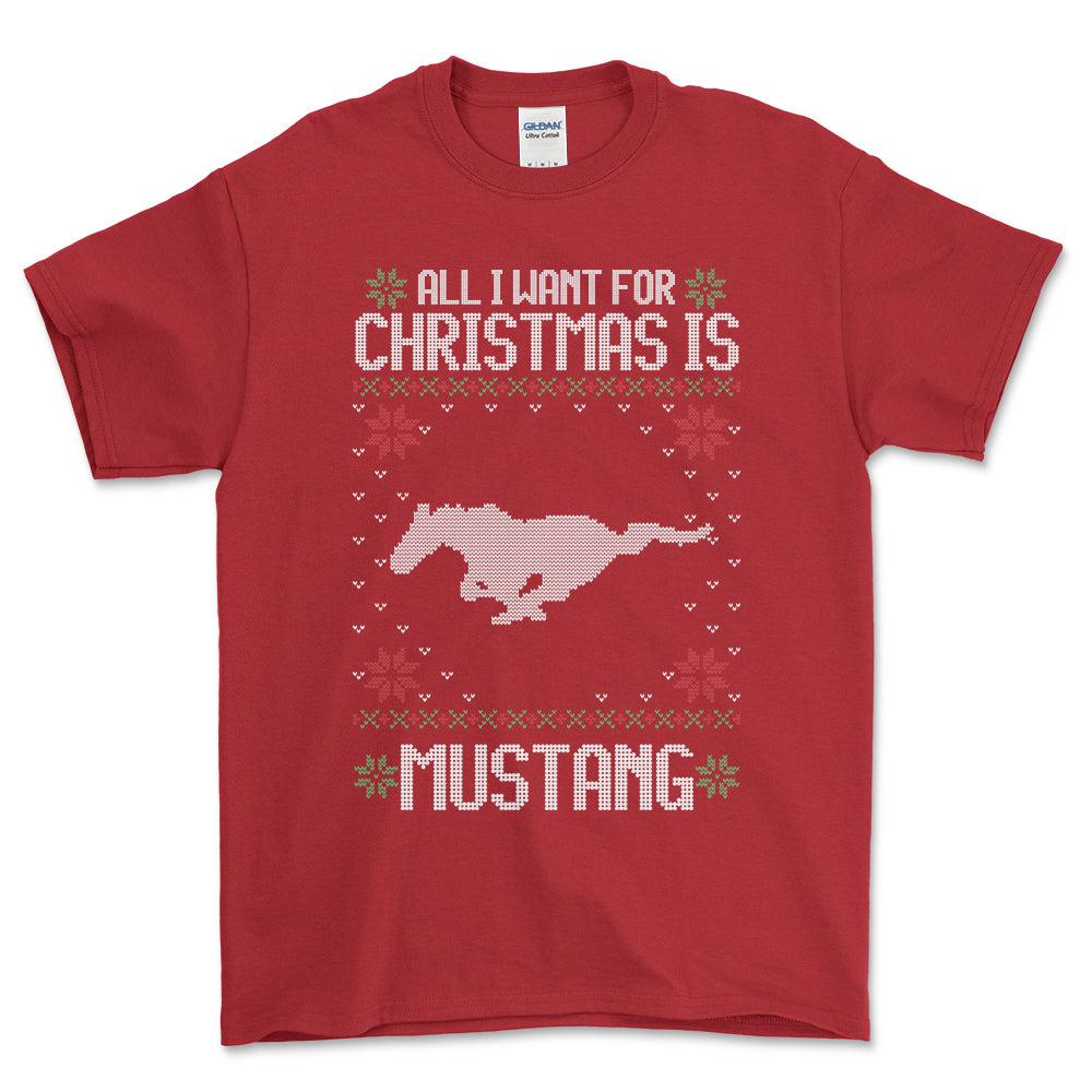 Ford Mustang - All I Want For Christmas - Unisex T-Shirt , Bomuld-Beklædning-Ford-Rød-S-Forside-Garage Culture Shop- garage - man cave - merchandise