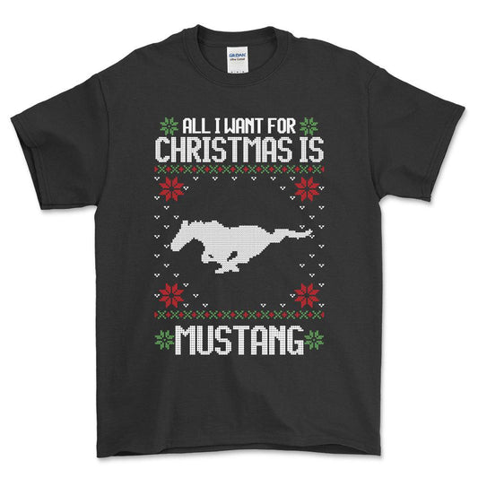 Ford Mustang - All I Want For Christmas - Unisex T-Shirt , Bomuld-Beklædning-Ford-Sort-S-Forside-Garage Culture Shop- garage - man cave - merchandise