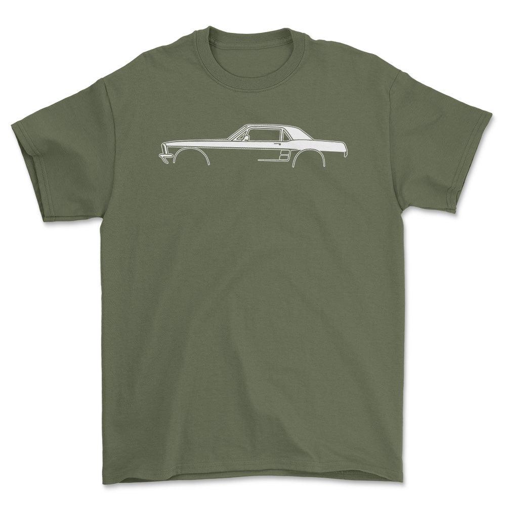 Ford Mustang Hardtop 1967 Silhuet - Unisex T-Shirt , Bomuld-Beklædning-Ford-Grøn Militær-S-Forside-Garage Culture Shop- garage - man cave - merchandise