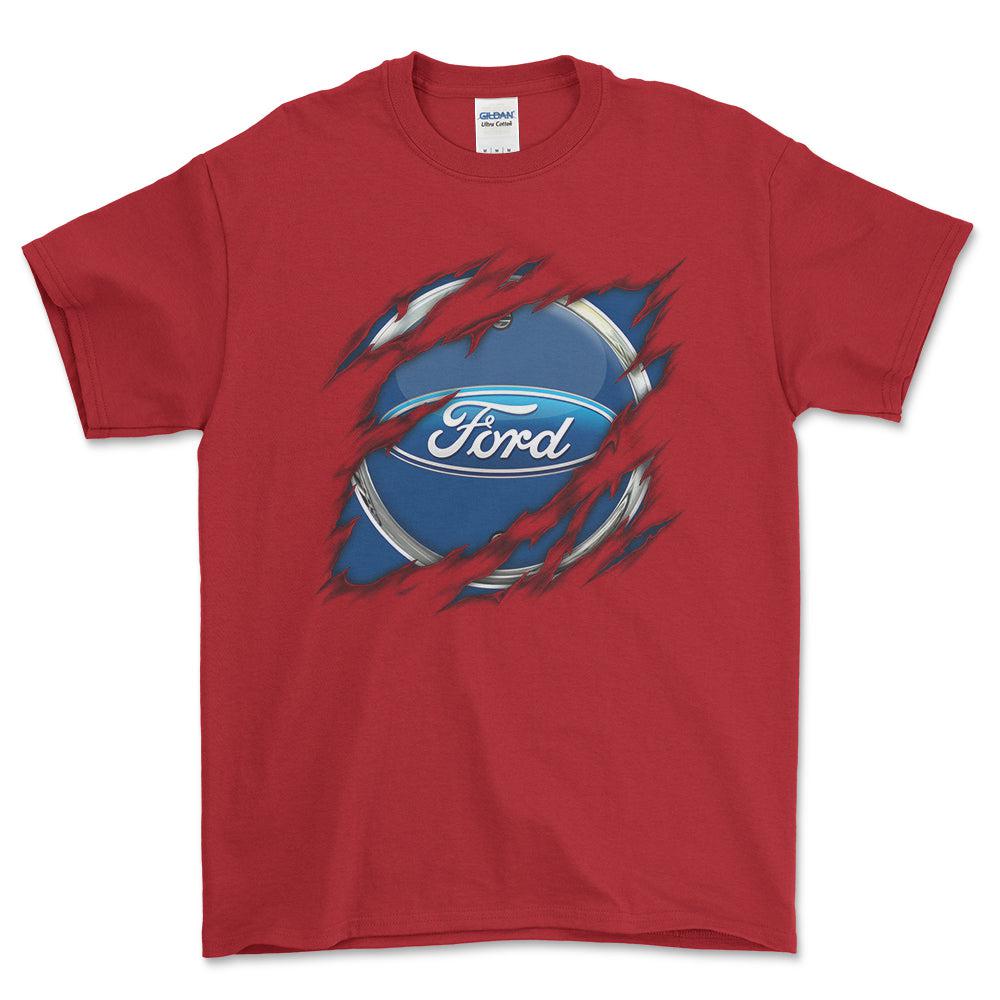 Ford Ripped Unisex T-Shirt , Bomuld-Beklædning-Ford-Rød-S-Forside-Garage Culture Shop- garage - man cave - merchandise