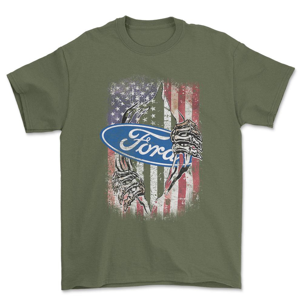 Ford US Flag Unisex T-Shirt , Bomuld-Beklædning-Ford-Grøn Militær-S-Forside-Garage Culture Shop- garage - man cave - merchandise