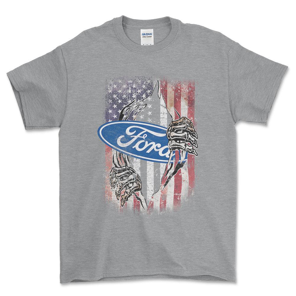 Ford US Flag Unisex T-Shirt , Bomuld-Beklædning-Ford-Grå Sport-S-Forside-Garage Culture Shop- garage - man cave - merchandise