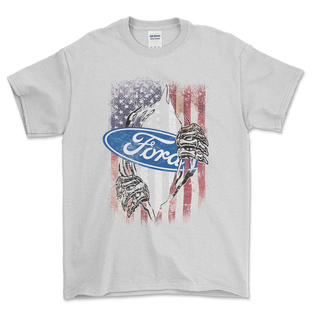 Ford US Flag Unisex T-Shirt , Bomuld-Beklædning-Ford-Hvid-S-Forside-Garage Culture Shop- garage - man cave - merchandise