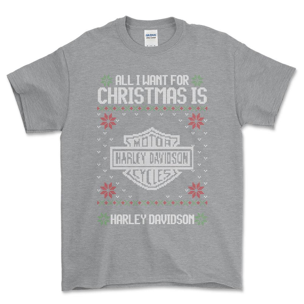 Harley Davidson - All I Want For Christmas - Unisex T-Shirt , Bomuld-Beklædning-Harley Davidson-Grå Sport-S-Forside-Garage Culture Shop- garage - man cave - merchandise