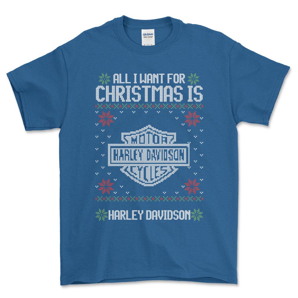 Harley Davidson - All I Want For Christmas - Unisex T-Shirt , Bomuld-Beklædning-Harley Davidson-Blå Royal-S-Forside-Garage Culture Shop- garage - man cave - merchandise