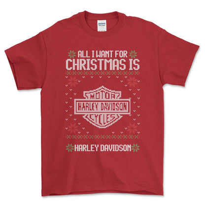 Harley Davidson - All I Want For Christmas - Unisex T-Shirt , Bomuld-Beklædning-Harley Davidson-Rød-S-Forside-Garage Culture Shop- garage - man cave - merchandise