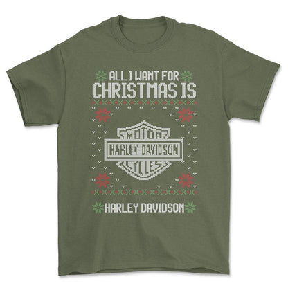 Harley Davidson - All I Want For Christmas - Unisex T-Shirt , Bomuld-Beklædning-Harley Davidson-Grøn Militær-S-Forside-Garage Culture Shop- garage - man cave - merchandise